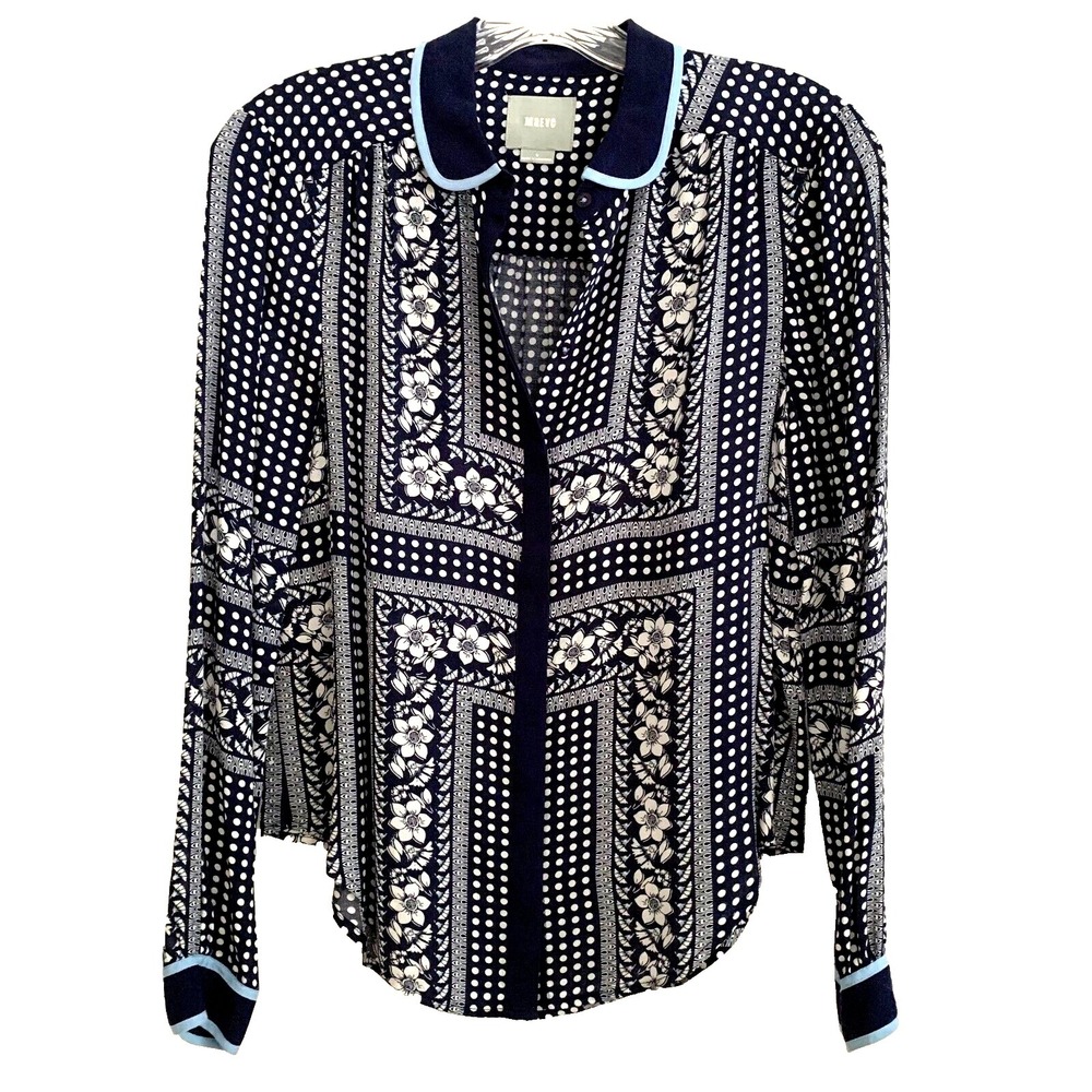 Anthropologie Maeve Floral Dot Scarf Print Blouse Shirt Top sz 0 Navy Blue Rayon